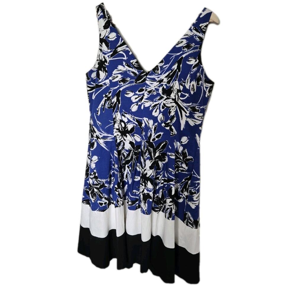 Lauren Ralph Lauren Sz 12 Floral Print V Neck Fit Flare Dress Blue Black White